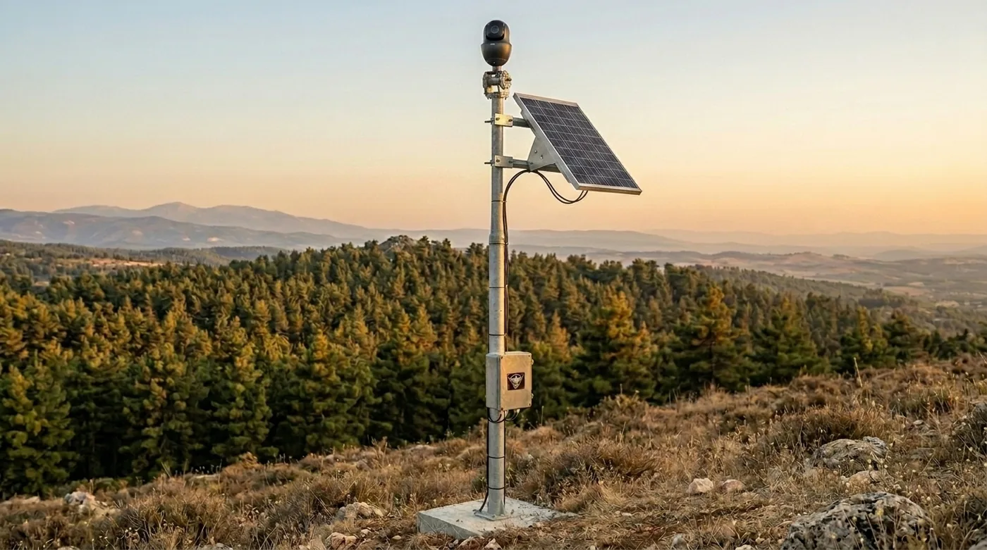 SparkPillar: a solar-powered mast with a 360-degree camera head, standing on a ridge above forested hills at dusk